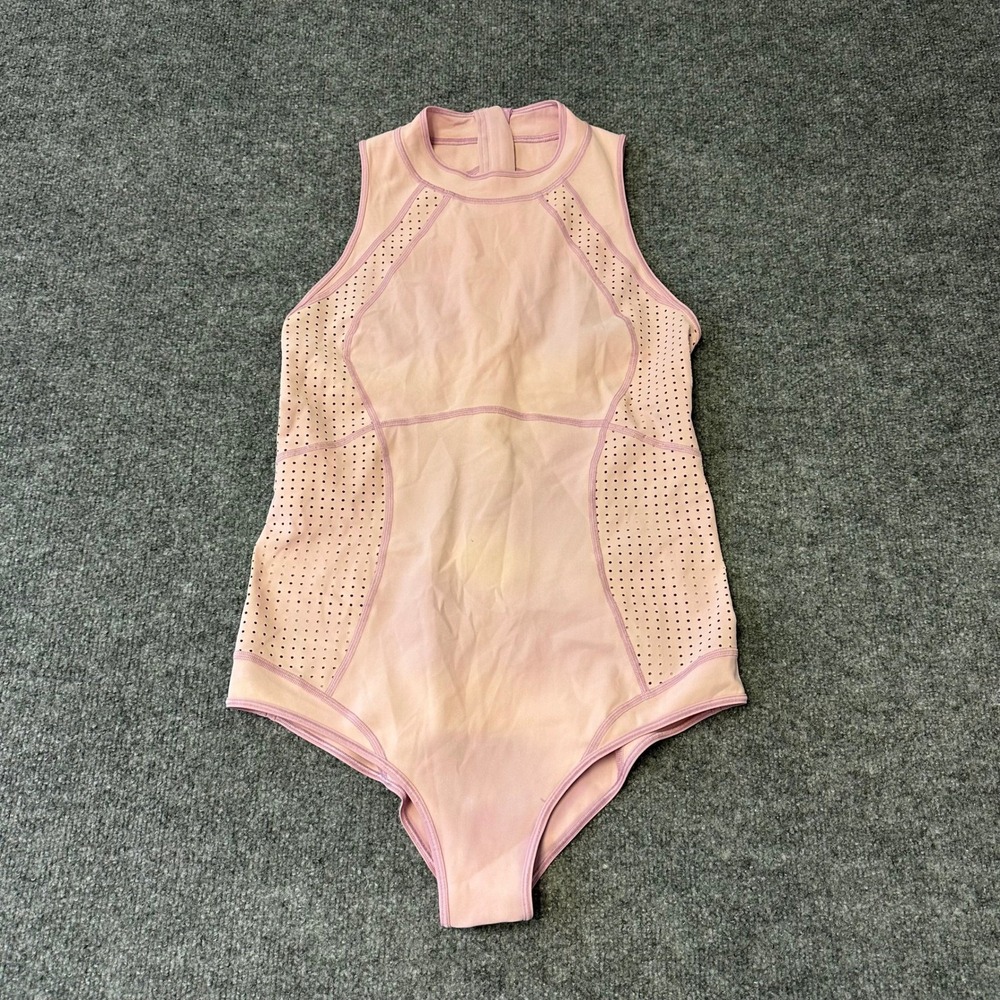 Lululemon Bodysuit Womens Size 4 Pink Perforated Laser Cut Back Zip Athletic